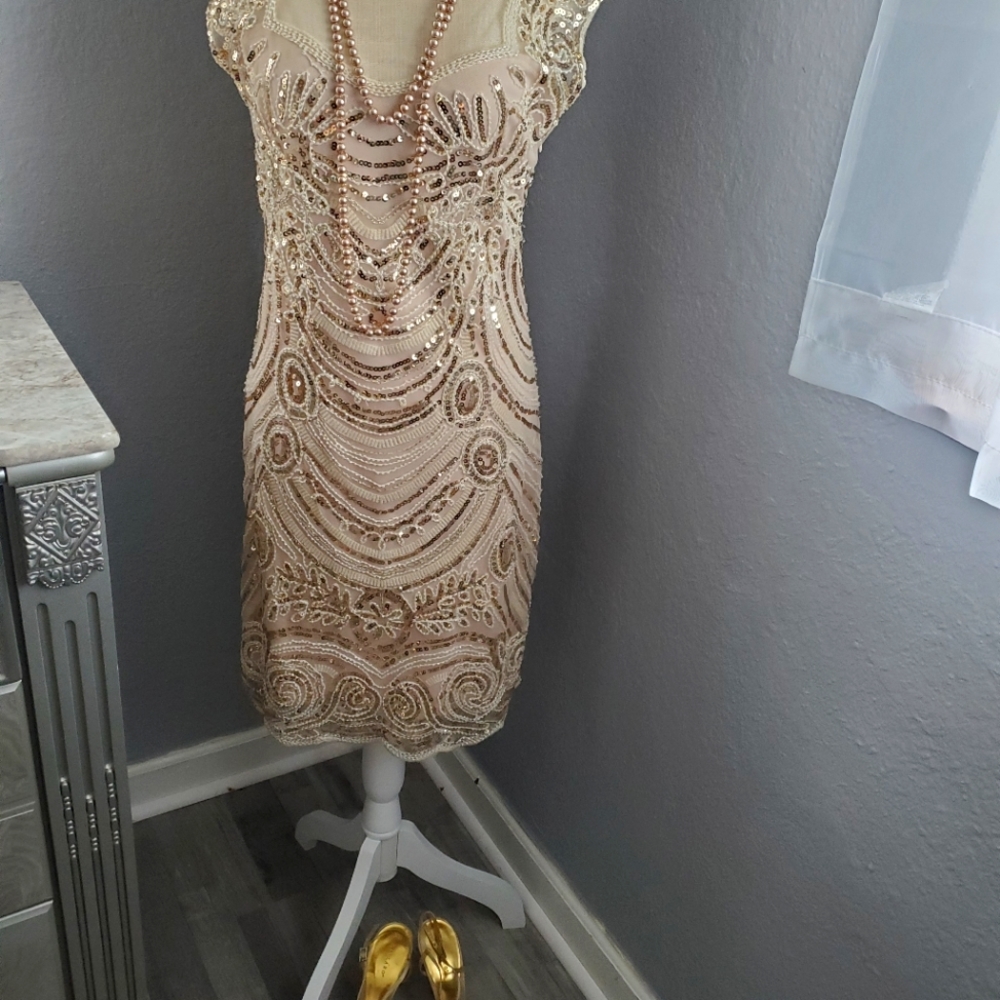 Cream and Gold flapper beaded sequence dress